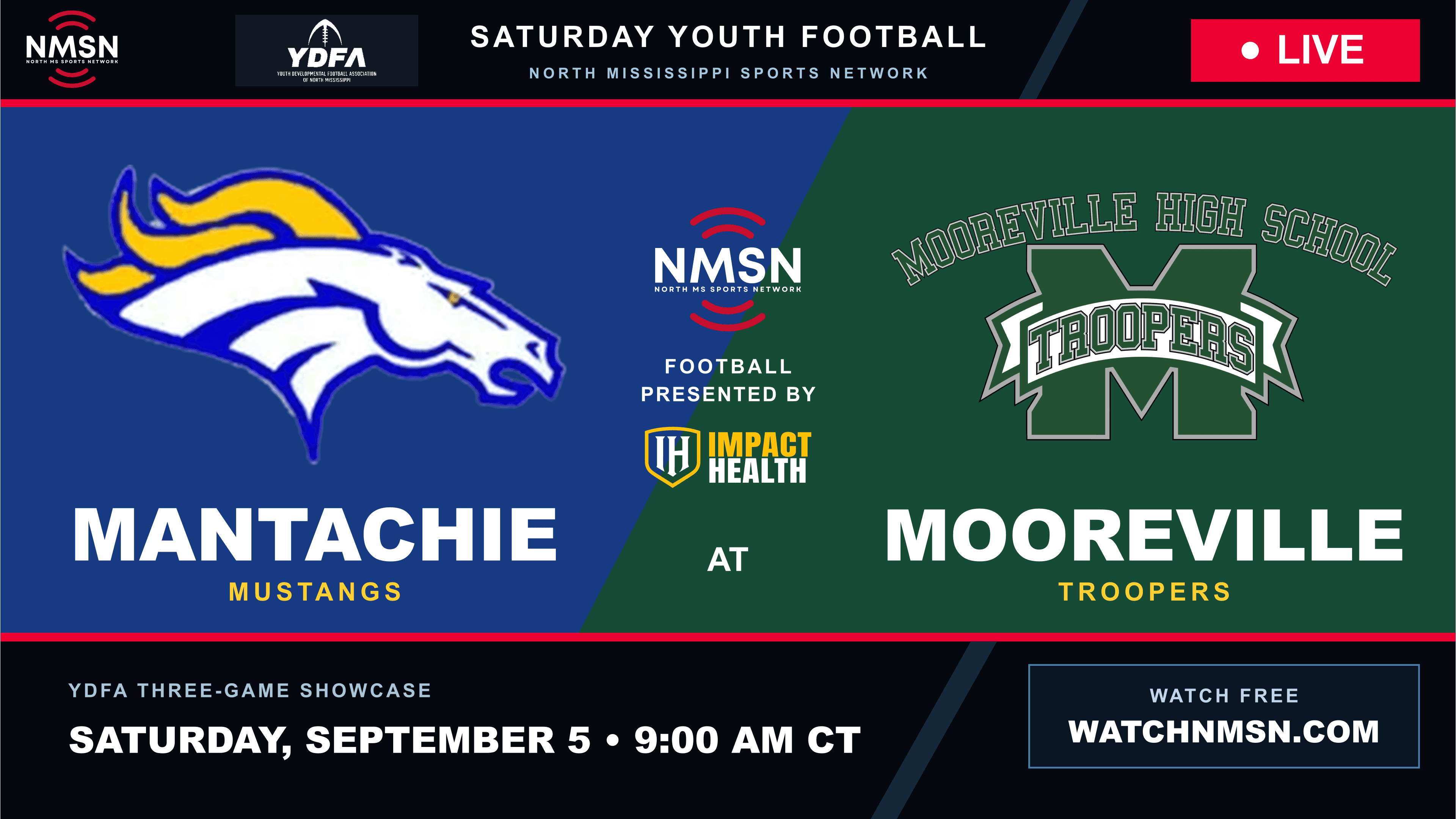 Mantachie Mustangs at Mooreville Troopers YDFA Youth Football broadcast graphic
