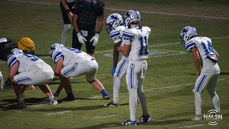 Hamilton number 11 surveys the defense before the snap — Hamilton at Hatley, October 30, 2026. Photo: NMSN.