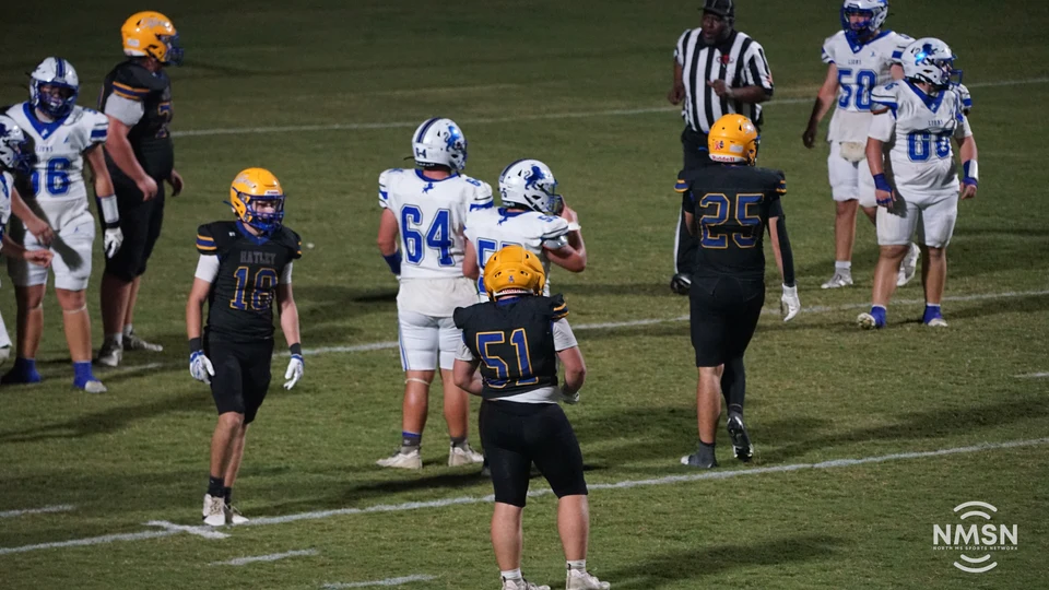 Hamilton and Hatley players between plays — Hamilton at Hatley, October 30, 2026. Photo: NMSN.