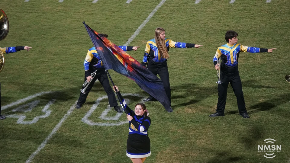 Hatley color guard and band perform on the field — Hamilton at Hatley, October 30, 2026. Photo: NMSN.
