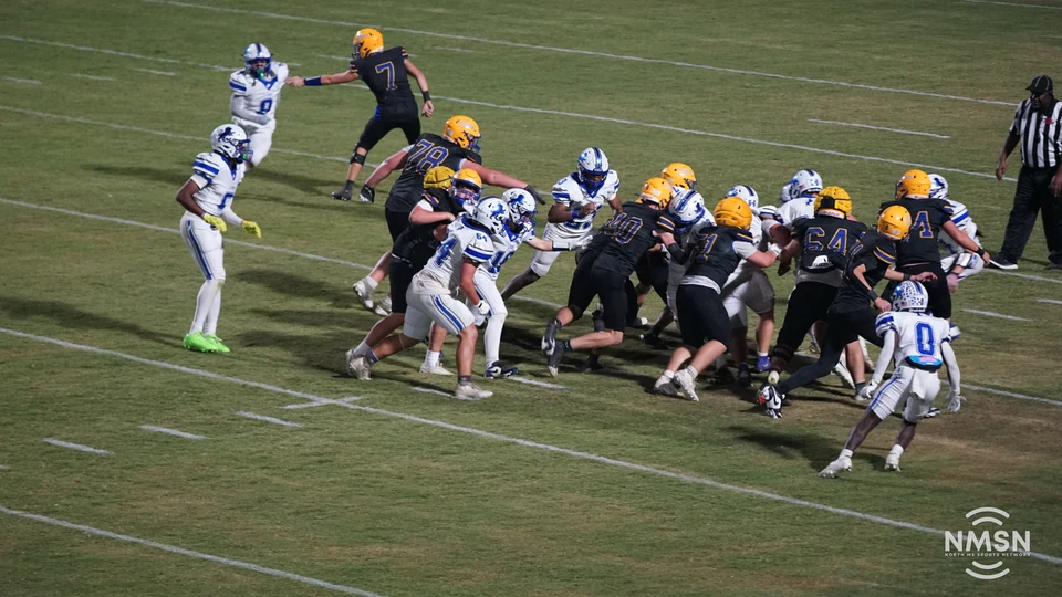 Hamilton and Hatley compete at the line of scrimmage — Hamilton at Hatley, October 30, 2026. Photo: NMSN.